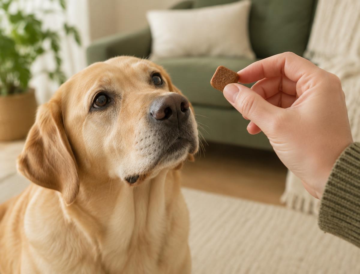 Hand offering a PetPerformance soft chew to an attentive labrador