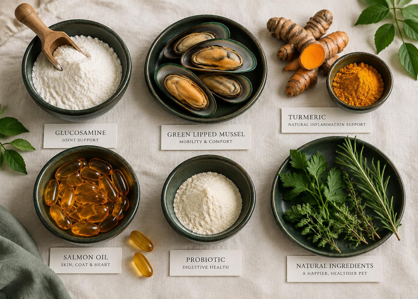 Natural supplement ingredients including glucosamine, green-lipped mussel, turmeric and salmon oil